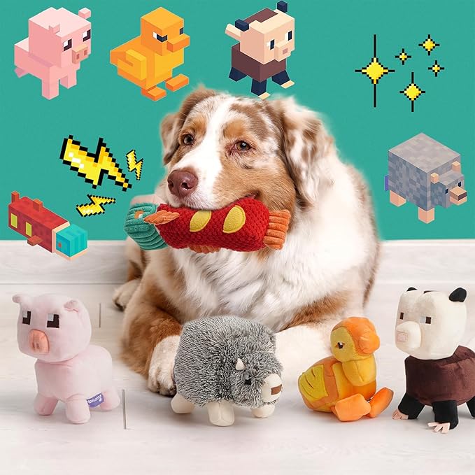 5 PC Pixel Style Dog Toy Plushies, Squeaky Dog Toys Crinkle Plush Stuffed Dog Chew Toy for Small Medium Large Breeds, Christmas Dog Toys Stocking Stuffers