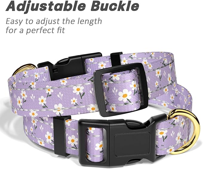Reflective Dog Collar for Small Dogs, Cute Flower Theme Adjustable Heavy-Duty Nylon Puppy Collar for Boy and Girl Female, Soft Pet Accessories with Quick Release Buckle, Purple White