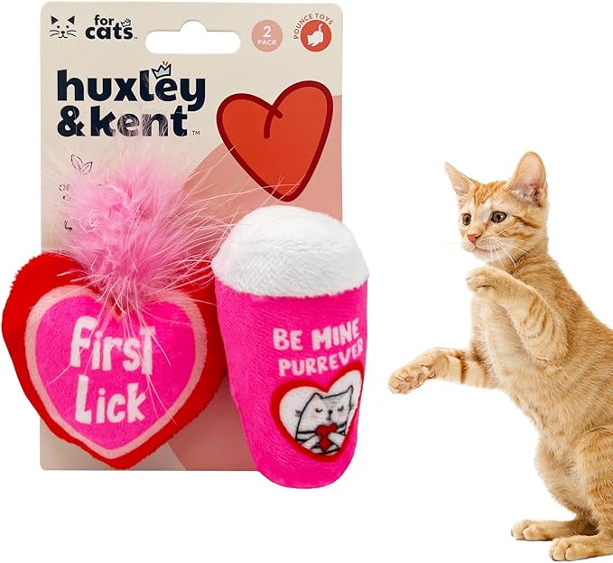 Huxley & Kent Plush Cat Toy - Interactive Catnip Toy for Cats & Kittens - Soft with Crinkle & Catnip - Fun Indoor Play - First Lick Heart & Be Mine Coffee, 2pk