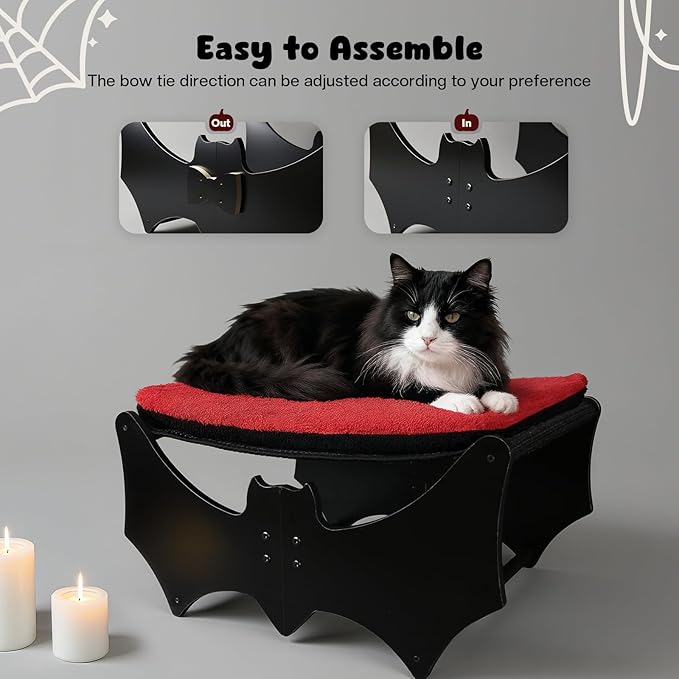 Gothic Cat Bed with Bat Design, Wooden Elevated Cat Beds with Sisal Scratching Mat, Cats Scratcher Bed with Removable Fluffy Cushion, Raised Pet Bed for Large Cats, 22" L x 17.7" W, Black