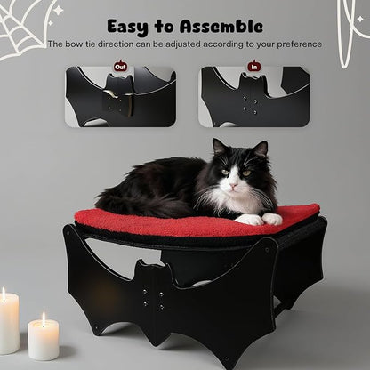 Gothic Cat Bed with Bat Design, Wooden Elevated Cat Beds with Sisal Scratching Mat, Cats Scratcher Bed with Removable Fluffy Cushion, Raised Pet Bed for Large Cats, 22" L x 17.7" W, Black