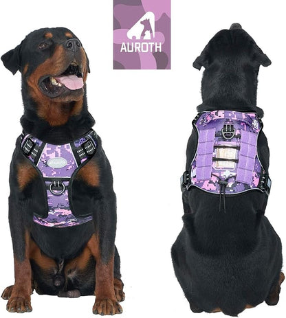 AUROTH Tactical Dog Harness for Large Dogs No Pull Adjustable Pet Harness Reflective K9 Working Training Easy Control Pet Vest Military Service Dog Harnesses Purple Camo XXL