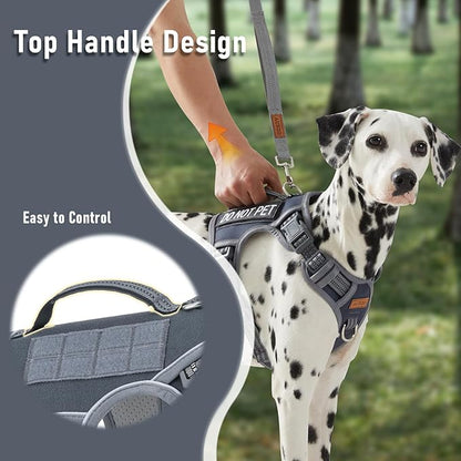 No Pull Dog Harness for Large Dogs with 2 Metal Clips, Easy On/Off with Neck Buckle, Heavy Duty Adjustable Tactical Puppy Vest, Breathable Pet Harness with Easy Control Handle, Gray L