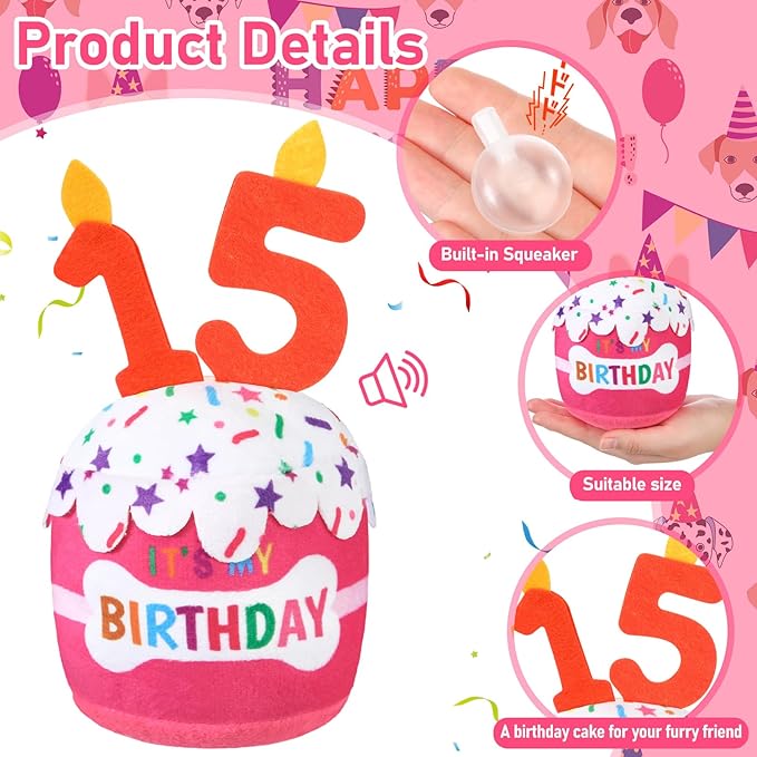 Dog Birthday Cake Toy Accessories for Girl Boy Gifts, Squeaky Plush Toy for Dog Birthday Party Decor Favor for Large, Medium and Small Dogs(15th,Pink)