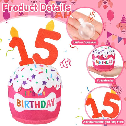 Dog Birthday Cake Toy Accessories for Girl Boy Gifts, Squeaky Plush Toy for Dog Birthday Party Decor Favor for Large, Medium and Small Dogs(15th,Pink)