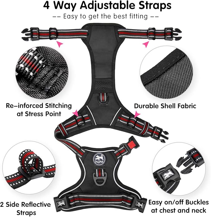 PoyPet No Pull Dog Harness, [Release at Neck] Reflective Adjustable No Choke Pet Vest with Front & Back 2 Leash Attachments(Black+Red,L)