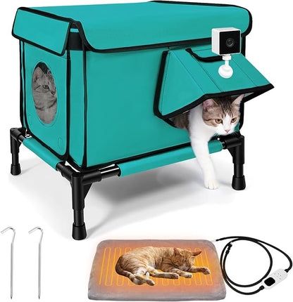 Elevated Heated Outdoor Cat House - 100% Weatherproof Insulated Outdoor Cat Shelter with Safe Escape Door & Removable Heating Pad, Warm Heated Cat House for Outside Stray/Feral/Barn Cat