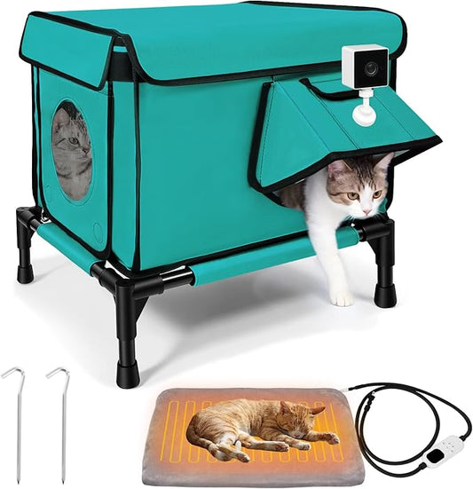 Elevated Heated Outdoor Cat House - 100% Weatherproof Insulated Outdoor Cat Shelter with Safe Escape Door & Removable Heating Pad, Warm Heated Cat House for Outside Stray/Feral/Barn Cat