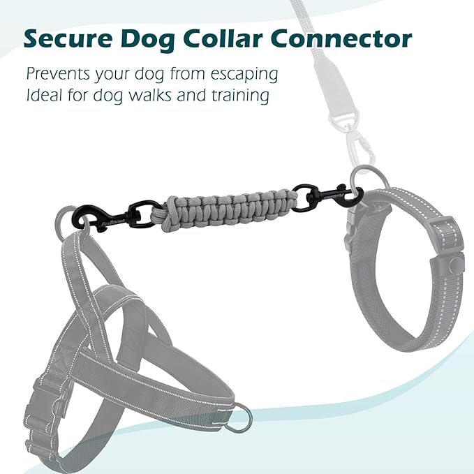 PetBonus Dog Collar Safety Clip, Handmade Backup Safety Strap for Dog Harness, Prong, Pinch Collar, Double Ended Clasp Leash Connector (Grey)
