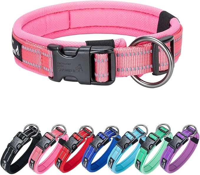 EXCELLENT ELITE SPANKER Reflective Dog Collar Classic Soft Padded Breathable Nylon Adjustable Pet Collar with Quick Release Buckle for Boy Girl Male Female Small Medium Large Dogs Training(Pink-XL)