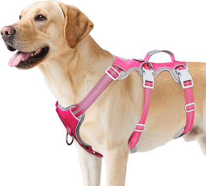 Huntboo Escape Proof Harness, No Slip Dog Harness Escape Proof, Reflective Harness with Handle, Breathable, Durable, Adjustable Vest for Large Dogs Walking, Training, and Running Gear (Rose red, L)