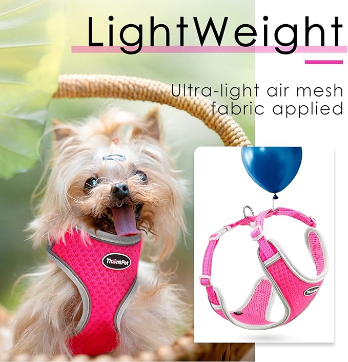 ThinkPet Reflective Breathable Soft Air Mesh No Pull Puppy Choke Free Over Head Vest Harness for Puppy Small Medium Dogs and Cats Rose Red Large