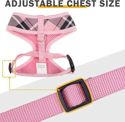 SCENEREAL Puppy Dog Harness with Leash Set for Small Medium Sized Dogs, Soft Mesh Step in Pet Harnesses and Leash, No Chock Plaid Adjustable No Pull Vest for Dogs Cats, Chihuahua,Bulldog (Pink S)