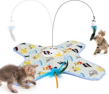 DFQ Interactive Cat Toy,3 in 1 Hide and Seek for Indoor Cats, Rechargeable Touch-Activated Moving Feather Wand with Concealed Motion, Play Toy for Kittens and Adult Cats (Yellow)