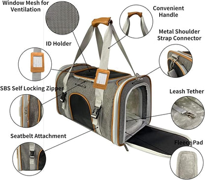 Mr. Peanut's Expandable Airline Approved Soft Sided Pet Carrier, Luxury Travel Tote with Premium Auto Self Locking Zippers, Plush Faux Fleece Bedding with Sturdy Plywood Base, 18LX10.5WX11 H