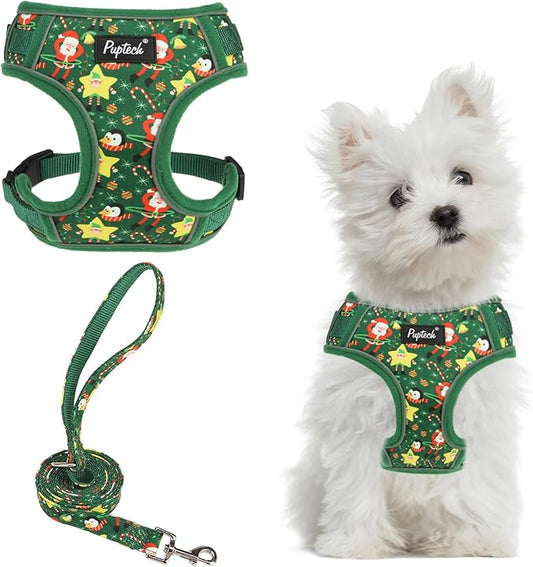 PUPTECK Christmas Small Dog Harness and Leash Set, No Pull Adjustable Puppy Cat Harness, Reflective Soft Mesh Pet Vest Small Sized, Santa Claus, S