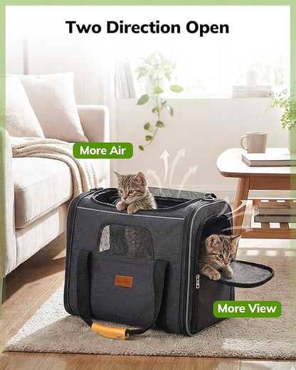 Morpilot Pet Travel Carrier Bag, Soft-Sided Dog Carrier Cat Carrier Pet Carrier, for Large Cats and Medium Puppies up to 25lbs, with Locking Safety Zippers, Foldable Bowl (Dark Gray)