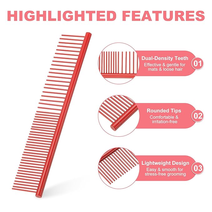 PETAXCELL Dog Cat Comb, Pet Combs Stainless Steel Teeth with Rounded Ends for Knots Mats Loose Hair Removal, 6.5IN (Red Coated, 3 Pack), Grooming Tool Intended for Long Curly Hair Pet