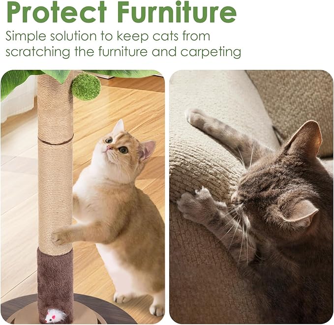 Cat Scratching Post, 35 Inch Tall Cat Scratcher Cat Tree Tower with Hanging Ball for Indoor Cats Adults,Sisal Rope Kitten Scratch with Interactive Mouse Cat Toy