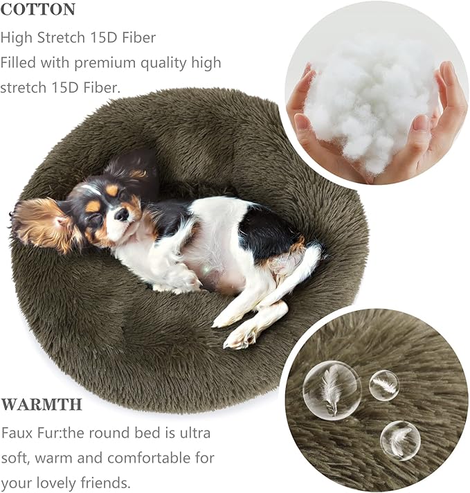 Calming Donut Dogs Beds for Small Dogs Washable,23inch Plush Round Pet Bed for Cozy Sleep,Fluffy Faux Fur Large Cat Bed,Fits up to 25 lbs Pets,Army Green