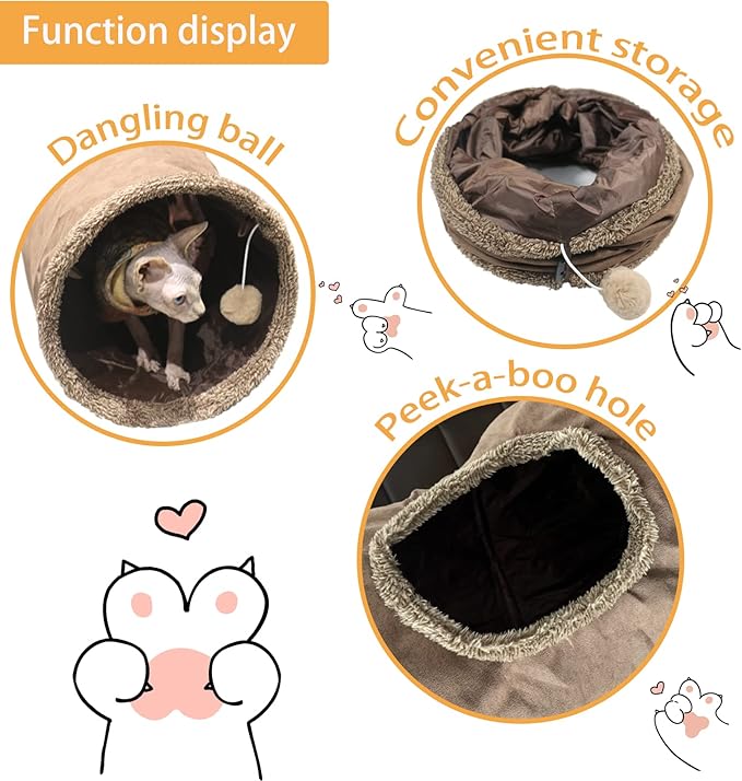 Terunat Cat Tunnel for Indoor Cats, 51×12 inch Foldable Big Cat Tunnel, Brown Suede Pet Tunnels with Two Peepholes and a Bubble Ball