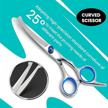 7 in 1 Dog Grooming Scissors Set with Safety Round Head, Sharp and Durable, with Two Stainless Steel Combs, Pet Grooming Scissors for Cats and Dogs
