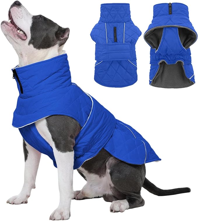 Kuoser Dog Winter Coat Waterproof Dog Snow Jacket, Warm Fleece Lined Pet Turtleneck Snowsuit Puppy Cold Weather Coats with Harness Hole, Adjustable Winter Vest for Medium Large Dogs, Blue, L