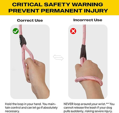 Fida Duarble Slip Leads for Dogs, 4 FT x 1/2" Heavy Duty Dog Loop Leashes, Comfortable Strong Rope Slip Leash for Small Dogs and Puppies, No Pull Pet Training Lead with Highly Reflective(1/2", Pink)