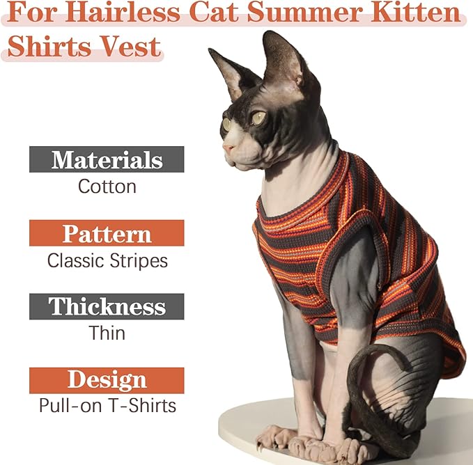 BRKURLEG Sphynx Hairless Cats Shirt Puppy Clothes Soft Cotton T-Shirts Cute Cats Pajamas Cat Stripes Vest Pet Sweater, Round Collar Vest Kitten Shirts(Red Stripes, XL)