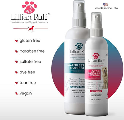 Lillian Ruff Waterless No-Rinse Dog Dry Shampoo Spray & Leave-in Dog Conditioner & Detangler - pH-Balanced for Dogs After-Bath No Rinse Hydrating Spray Set- Clean, Condition, Detangle & Deodorize