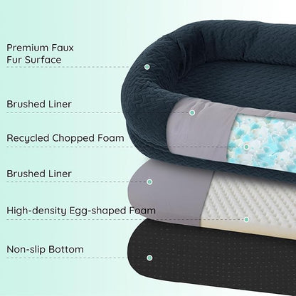Human Dog Bed for Adult - Luxury Faux Fur Giant Size Dog Bed with Portable Handle, Egg Orthopedic Foam with Blanket, 72"x40"x10", Navy