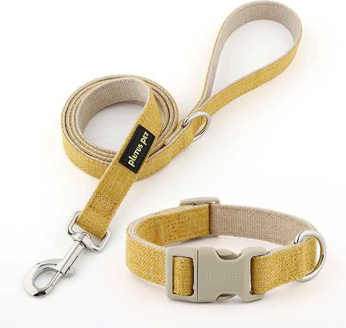 Plutus Pet Cotton Hemp Dog Collar and Leash Set, Adjustable Collar for Small, Medium, and Large Dogs, Heavy Duty and Soft on Skin, Yellow, M