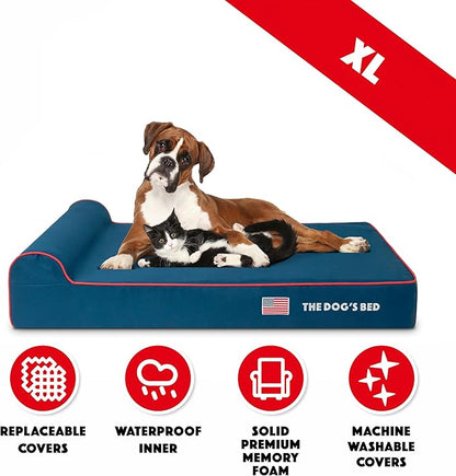 The Dog’s Bed Orthopedic Headrest Dog Bed XL Blue Oxford with Red Trim US Flag, Memory Foam, Hip & Elbow Dysplasia, Post Surgery, Lameness, Waterproof Washable Cover, Veterinary Approved