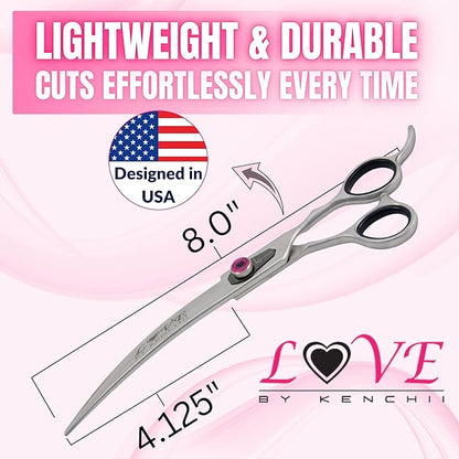 Kenchii Love Dog Grooming Scissors, 8 Inch Curved Shears, Dog Scissors for Grooming, Professional Pet Grooming Scissors, Ergonomic & Comfortable
