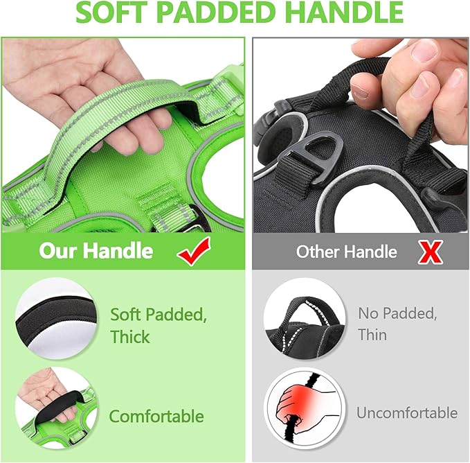 PoyPet No Pull Dog Harness, No Choke Reflective Dog Vest, Adjustable Pet Harnesses with Easy Control Padded Handle for Small Medium Large Dogs(Green Matching Trim,L)