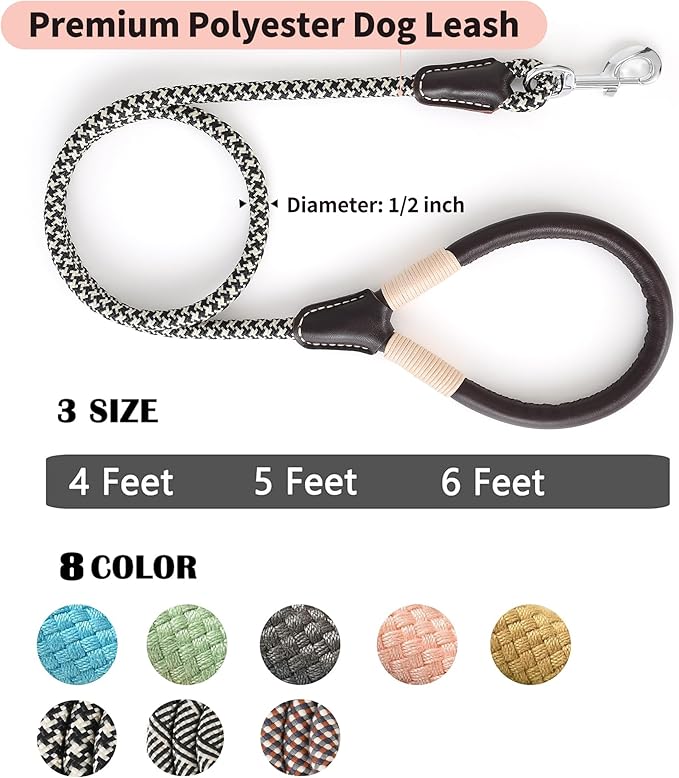 Mile High Life Genuine Leather Wrapped Handle Dog Leash, w Heavy Duty Clasp Rope Leash for Small Medium Large Dogs (Black Khaki, 4FT)