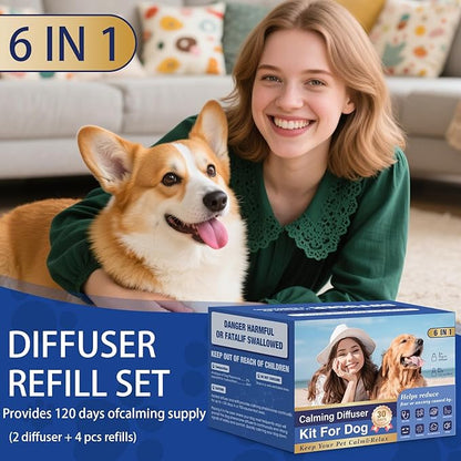 Dog Pheromone Calming Diffuser: Relaxing Pheromone Diffuser for Dogs Relief Stress Anxiety Fighting Scratching Barking, Dog Calming Pheromone Diffuser Kit with 2 Plug in Diffuser+4 Refill 48ml (6in1)