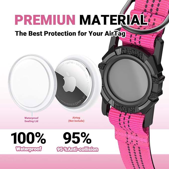 HDDTTZ AirTag Dog Collar, IP68 Waterproof Integrated Air Tag Dog Collars with Reflective, Ultra-Durable, Comfortable Padded, Heavy Duty Dog Collars for Small Medium Large Dogs, M (12.6"-17.1"), Pink