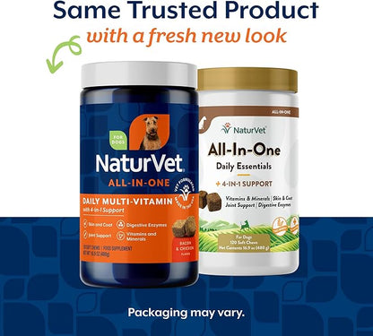 NaturVet All-in-One Dog Supplement - for Joint Support, Digestion, Skin, Coat Care – Dog Multivitamins with Minerals, Omega-3, 6, 9 – Wheat-Free Vitamins for Dogs – 120 Soft Chews
