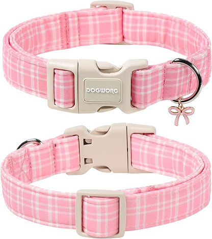 DOGWONG Pink Plaid Collar for Small Medium Large Dogs - Pink Dog Collar for Girl Female Dogs,M
