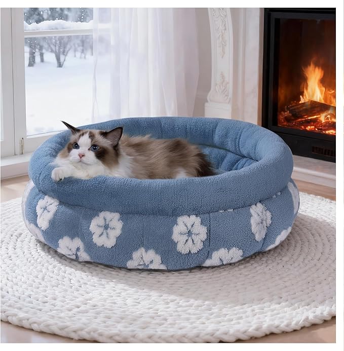 BALANCE Cat Beds for Indoor Cats, Washable Round Cat Bed, Cute 3D Flower Kitten Bed with Anti-Slip Bottom for Puppy and Kitten, 23 Inches, Blue
