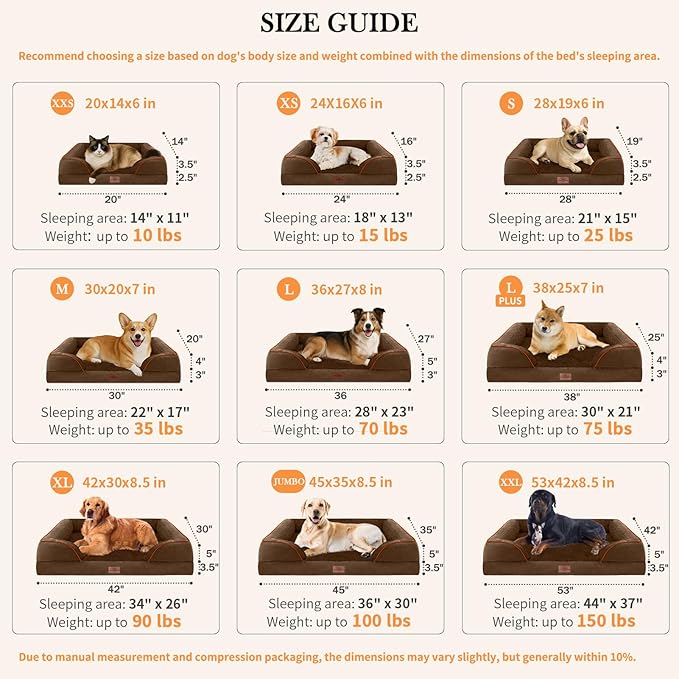 Comfort Expression Orthopedic Dog Bed for Medium Dogs 28x19 Inch, Waterproof Egg Crate Foam Medium Pet Bed with Removable Bolsters, Dog Couch with Washable Cover & Non-Slip Bottom, Dark Brown