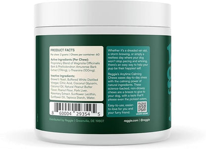 Reggie Anytime Calming Chews for Dogs | Natural Anxiety Relief with L-Theanine & Magnolia Barks | Calming Dog Treats for Separation Anxiety, Thunderstorms, Travel & Stress | 120 Soft Chews