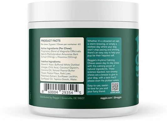 Reggie Anytime Calming Chews for Dogs | Natural Anxiety Relief with L-Theanine & Magnolia Barks | Calming Dog Treats for Separation Anxiety, Thunderstorms, Travel & Stress | 60 Soft Chews