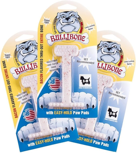 Bullibone Nylon Dog Chew Toy for Aggressive Chewers - Dental Hygiene Bone with Bacon Flavor, Durable Tough Chew Toys for Small Dogs, Indestructible Dog Bone - 3 Pack