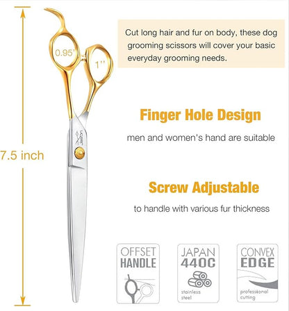 JASON 7.5" Dog Grooming Scissors Cats Trimming Shears Professional Pets Scissor Kit for Right Handed Groomers Gold Sharp Shear Christmas Gift