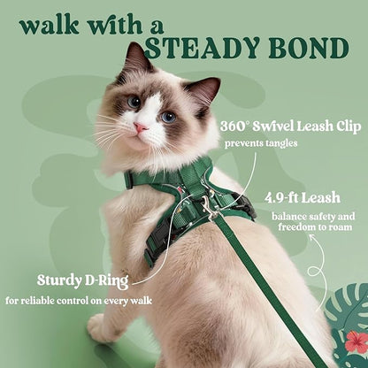 rabbitgoo Cat Harness and Leash for Walking, Escape Proof Soft Adjustable Vest Harnesses for Cats, Easy Control Breathable Reflective Strips Jacket,Rainforest Green,M