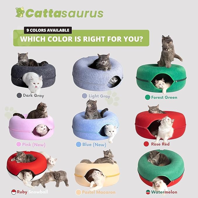 Cattasaurus Peekaboo Cat Cave Donut for Multiple & Large Cats up to 30-45 lbs, 3-in-1 Self Warming Cat Bed, Tunnel & Scratcher for Indoor Cats, Washable & Detachable Small Dog Bed (Dark Gray, Jumbo)