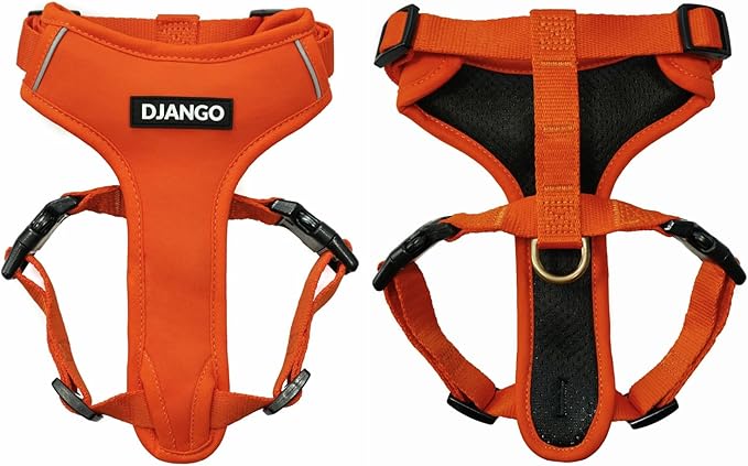 DJANGO Adventure Dog Harness - Stylish, & Durable Large Dog Harness for Outdoor Adventures and Everyday Wear - Sunset Orange Neoprene Adjustable Harness for Dogs with Reflective Piping & Brass D-Ring