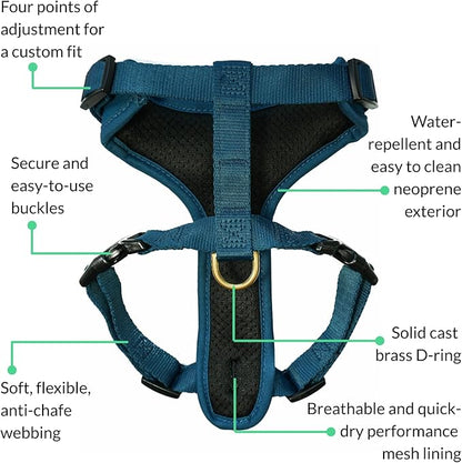 DJANGO Adventure Dog Harness - Stylish and Durable Medium Dog Harness for Outdoor Adventures and Everyday Wear - Indigo Blue Neoprene Adjustable Harness for Dogs with Reflective Piping, Brass D-Ring